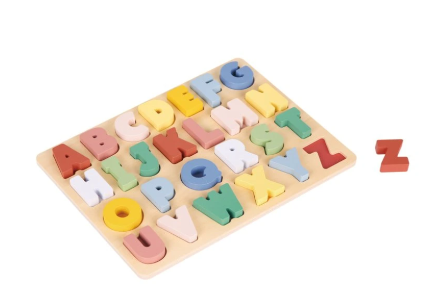 woet - Vkládací dřevěné puzzle - barevná abeceda